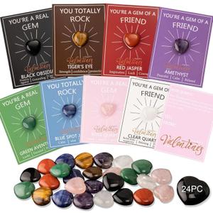 Valentines Day Gifts for Kids 24 Pack Valentine's Day Greeting Cards Set With Natural Crystal Love Gemstone, Funny Valentine Exchange Card for Boys & Girls (C)