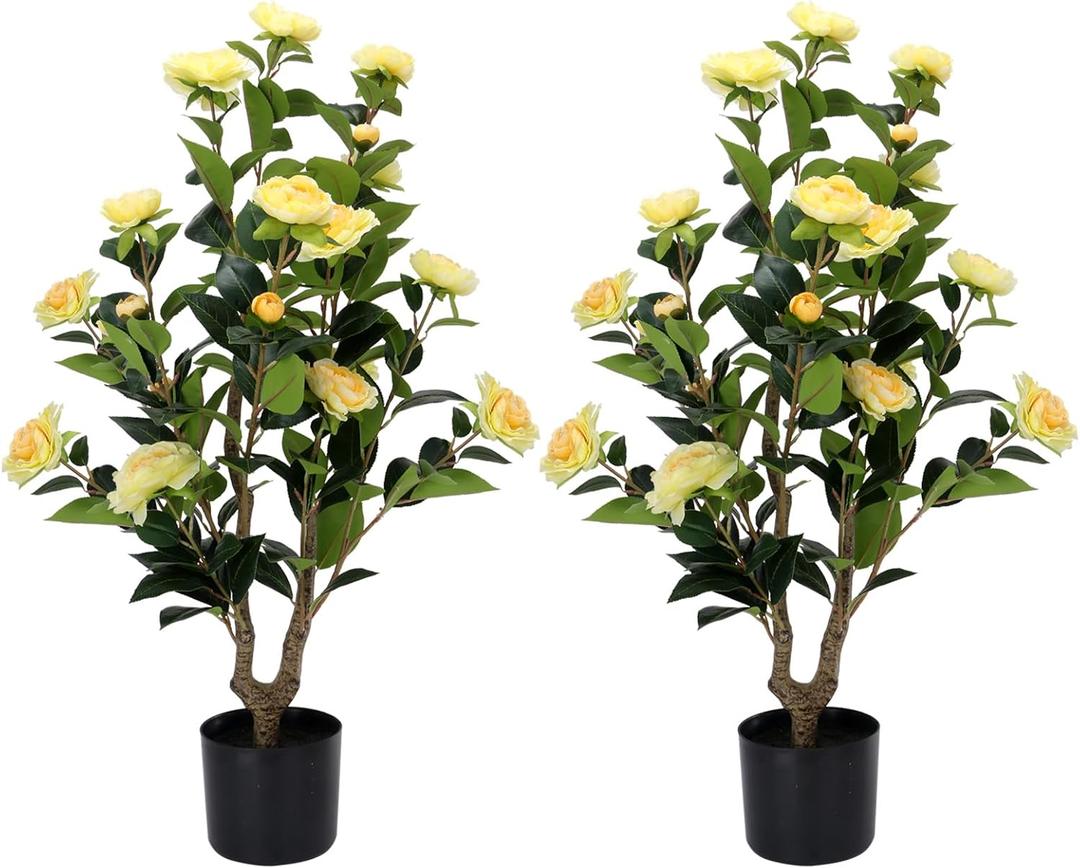 Artificial Camellia Tree 2 Pack - Realistic Camellia Plants in Pot with Yellow Flowers, Lifelike Faux Greenery for Living Room, Patio, or Wedding, Yellow