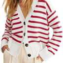Saodimallsu Womens Striped Cardigan Sweaters V Neck Button Down Long Sleeve Open Front Ribbed Knit Outerwear, Small Red