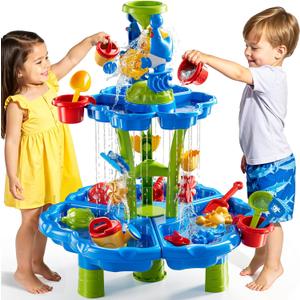 Flowers Sand and Water Activity Table for Kids 3-8, Sensory Play Table with Waterfall Design & Beach Toy Set, Outdoor Backyard Playset for Toddlers 2-6, Great Birthday Present