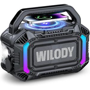 Wilody Speakers Bluetooth Wireless, 100W Loud Outdoor Speaker with Bass, IPX7 Waterproof Floatable, 20H Playtime, Wireless Charge, TWS, RGB Light, Portable Speaker for Work, Garage, Outdoor (Black)