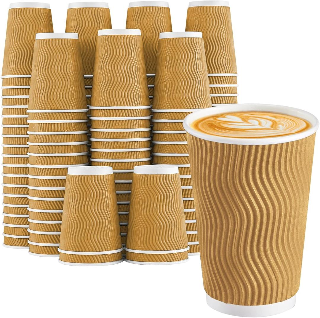 Lamosi Disposable Coffee Cups 16 OZ 90 Pack, Paper Coffee Cups 16 OZ for Hot Drinks or Cold Beverages, Insulated Corrugated Ripple Wall Cup No Lids for Office, Cafe, Home or Travel (Champagne)