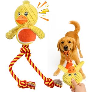 Swooflia Durable Squeaky Dog Toy - Interactive Plush Cute Duck with Rope Legs, Teeth Cleaning Tug Toy for Small Medium and Large Dogs, Puppy Chew Toy for Training and Play (Yellow)
