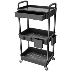 3 Tier Rolling Utility Cart with Drawer,REBECAT Utility Cart Made of Multifunctional Storage Organizer Tool for Kitchen,Bathroom,Living Room,Office (Black)