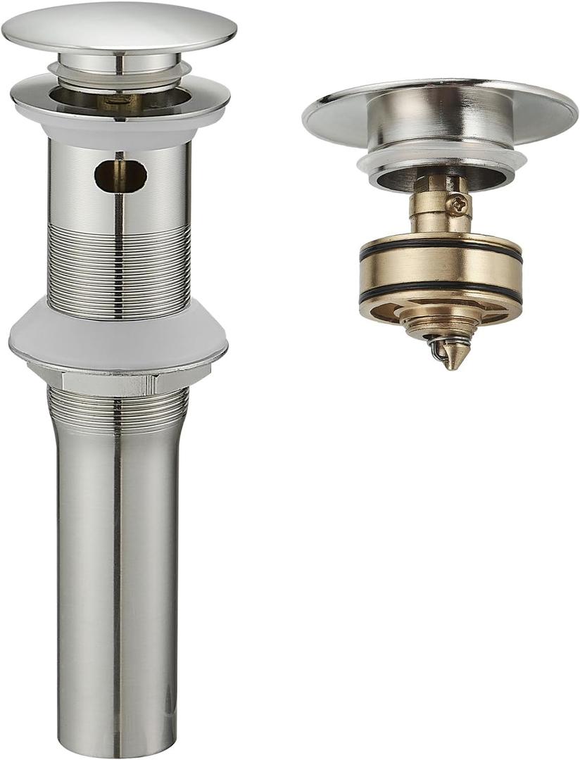 BWE Brushed Nickel One-Piece Sink Drain Stopper with Overflow for Bathroom Vessel Vanity Faucet Bathroom SinkPop-Up Drain Assembly with Strainer
