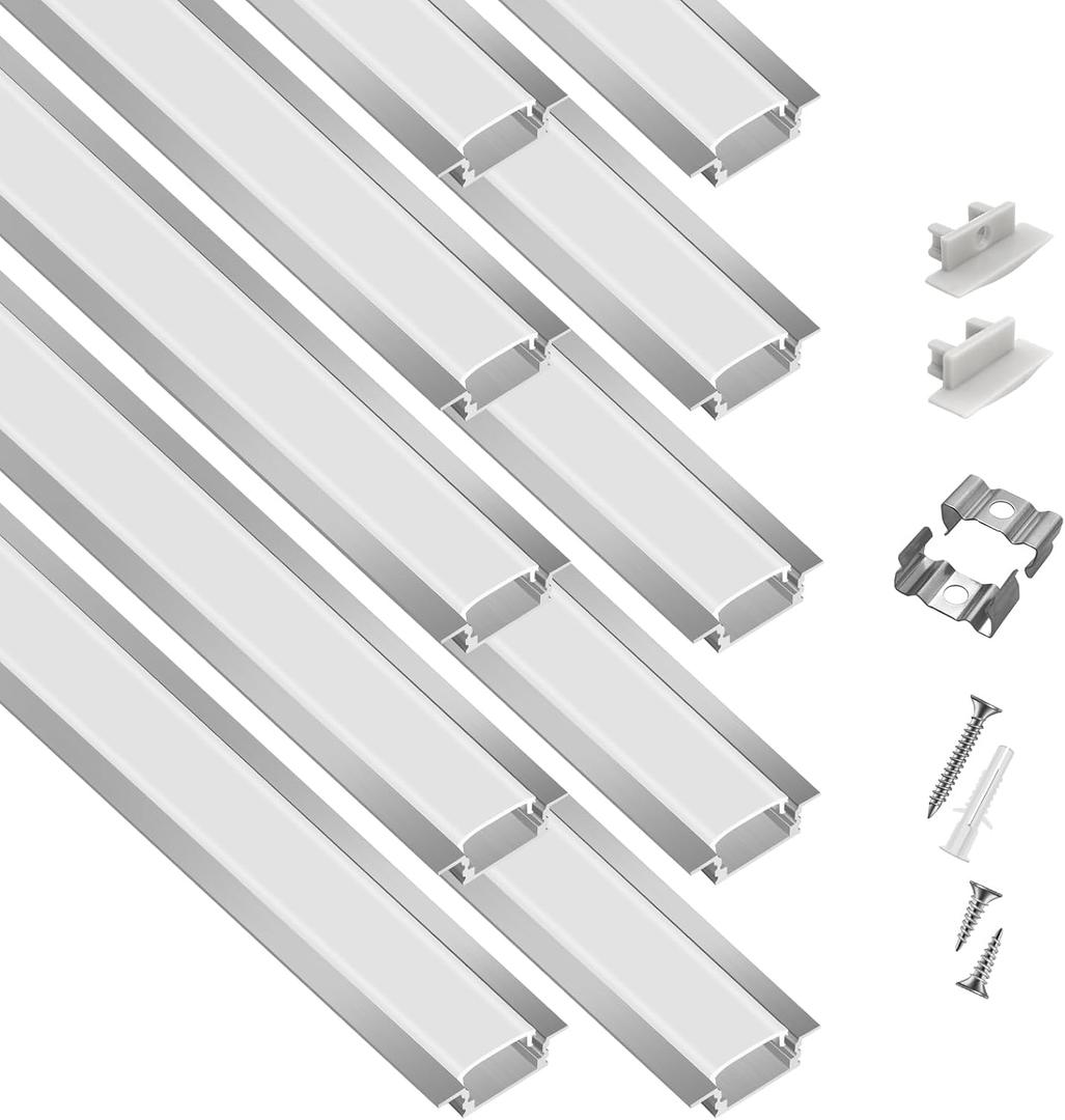 10-Pack 6.6ft/2Meter Silver Recessed LED Aluminum Channel for LED Strip Lights Diffuser Channel with Milky Cover End Caps and Mounting Clips, Flush Mounted LED Track for Ceiling Under Cabinet Closet