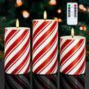 HN HAIINAA Red Stripe Glitter LED Pillar Candles, Battery Operated Real Wax Flameless Candles for Christmas Holiday Home Party Decor, Set of 3 (D3 x H4 5" 6")