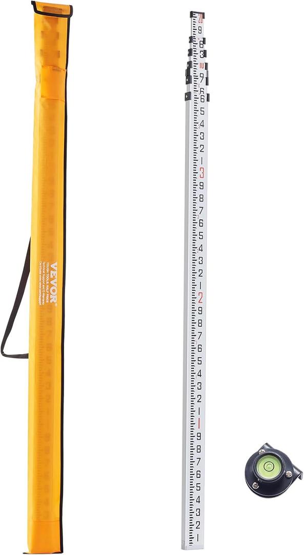 VEVOR Aluminum Grade 20-Feet Telescopic Measuring Rod, Double-Sided Scale 1/10ft Leveling Rod Stick with Bubble Level & Carrying Bag for Houses, Walls, Floor