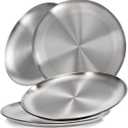 Sumerflos 304 (18/8) Stainless Steel Dinner Plates, 10" Round Salad Plates, Serving Plate for Home Kichten, Outdoor Camping, Snack, Pizza and BBQ - Set of 4