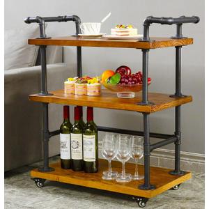 Industrial Pipe Bar Carts/Serving Carts/Kitchen Carts/Wine Rack Carts on Wheels with Shelves - Wood Rolling Carts - Wine Tea Liquor Shelves/Holder - Home Furniture, 27.56 Inch x 15.75 Inch x 33.46 Inch