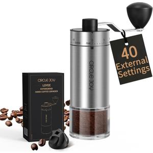 CIRCLE JOY Manual Coffee Grinder with 40 External Adjustable Settings and Ceramic Conical Burr, Portable Stainless Steel Hand Coffee Grinder for Camping, Travel and Espresso (Silver)