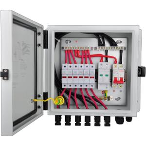 PV Combiner Box, 6 String Solar Combiner Box with 15A Rated Current Fuse, Surge Protective Device and 63A Air Circuit Breaker for On/Off Grid Solar Panel System, Pre-Wired Cable, Metal Box