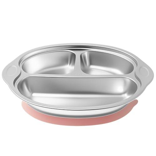 Stainless Steel Kids Plates 3 Sections Stainless Steel Plates for Kids with Suction Unbreakable Kid Platter Plate Reusable Versatile Dinner Plate for Kid Portion Control Dishwasher Safe