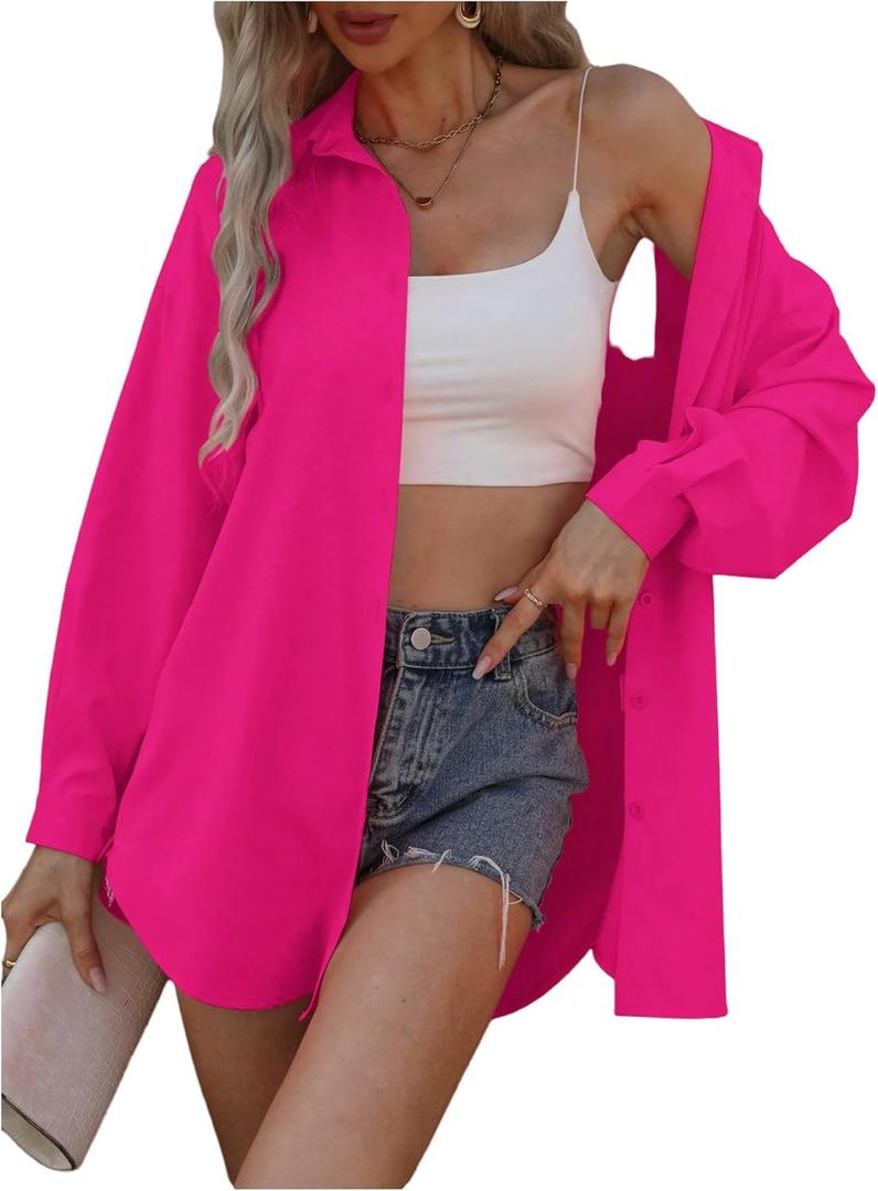 SOLY HUX Women's Button Down Shirt Collared Long Sleeve Drop Shoulder Oversized Blouse Casual Tops (Pink, L)