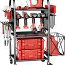 Power Tool Organizer with Wheels 4 Tier Tool Cart Loads 500 LBS with 8 Cordless Drill Holder & Screwdriver Rack Metal Utility Rack for Home, Garage, Workshop, Gifts for Men, Regular with Basket