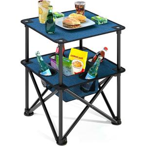 Folding Camping Table, Portable Outdoor Picnic Table, Lightweight Square Camp Table with Built-in 4 Cup Holders Food Basket and Travel Bag for Barbeque Beach Camping and Tailgate Blue, 18.9'' * 18.9'' * 23.6''
