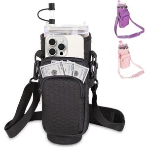 &And Per Se Water Bottle Shoulder Bag with Phone Pocket, Compatible with Stanley 30oz Tumblers - Neoprene Carrier with Adjustable Strap & Charm Accessory (Black)
