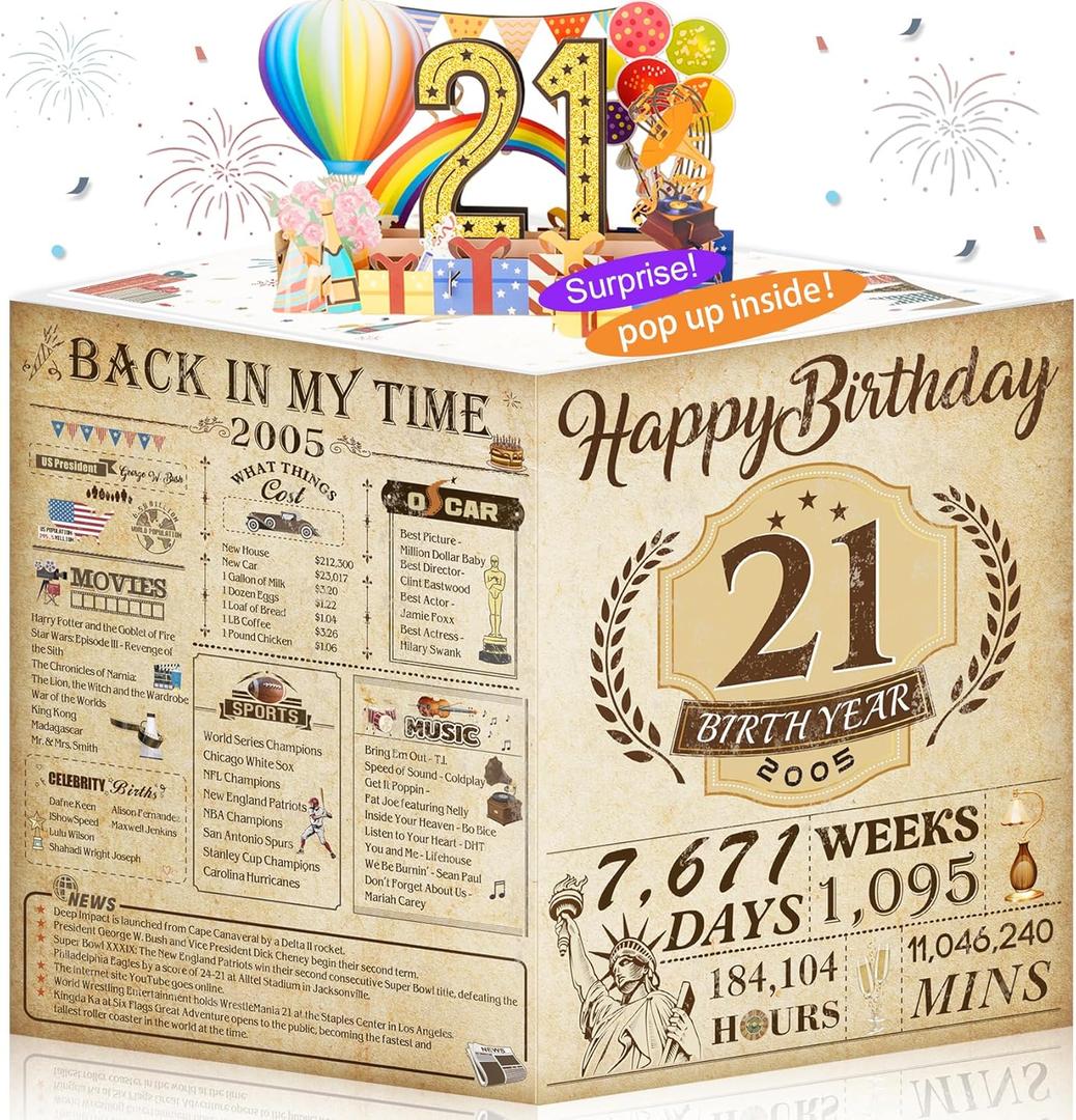 21st Birthday Card for Girls Boys, 3D Pop Up 21st Birthday Gifts Cards, Happy 21 Birthdays Decorations for 21 Year Old Son Daughter, Funny Back In 2005, Classy Vintage
