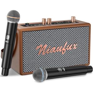 Karaoke Machine, Retro-Design Speaker with 2 Wireless Microphones for Adults & Kids, Portable Karaoke System for Home Party, Bluetooth/ AUX/ USB/ TF/ TWS Support, Gifts for Women & Girls - Brown