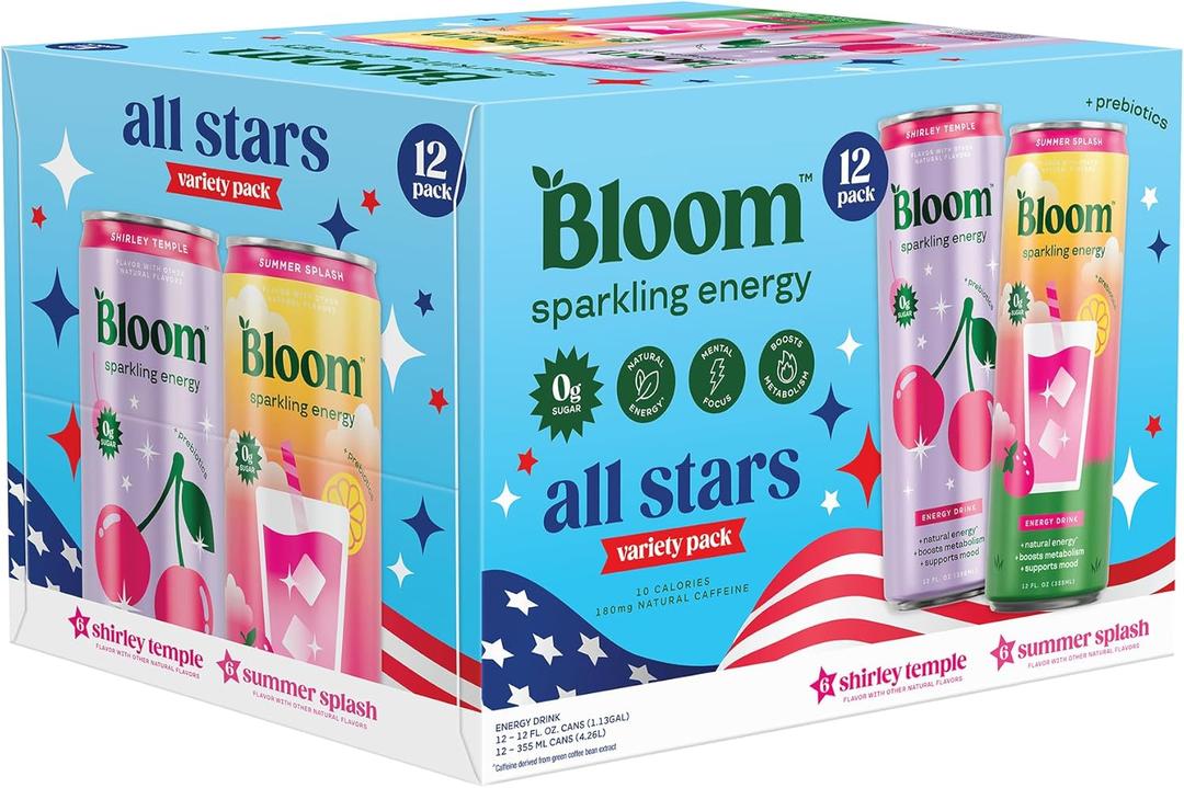 Bloom Nutrition Sparkling Energy Drink - Natural Caffeine, Zero Sugar, 180mg Caffeine - Antioxidant-Rich with Green Coffee Bean, Green Tea Extract, Prebiotics - All Stars Variety Pack - 12oz 12 Pack