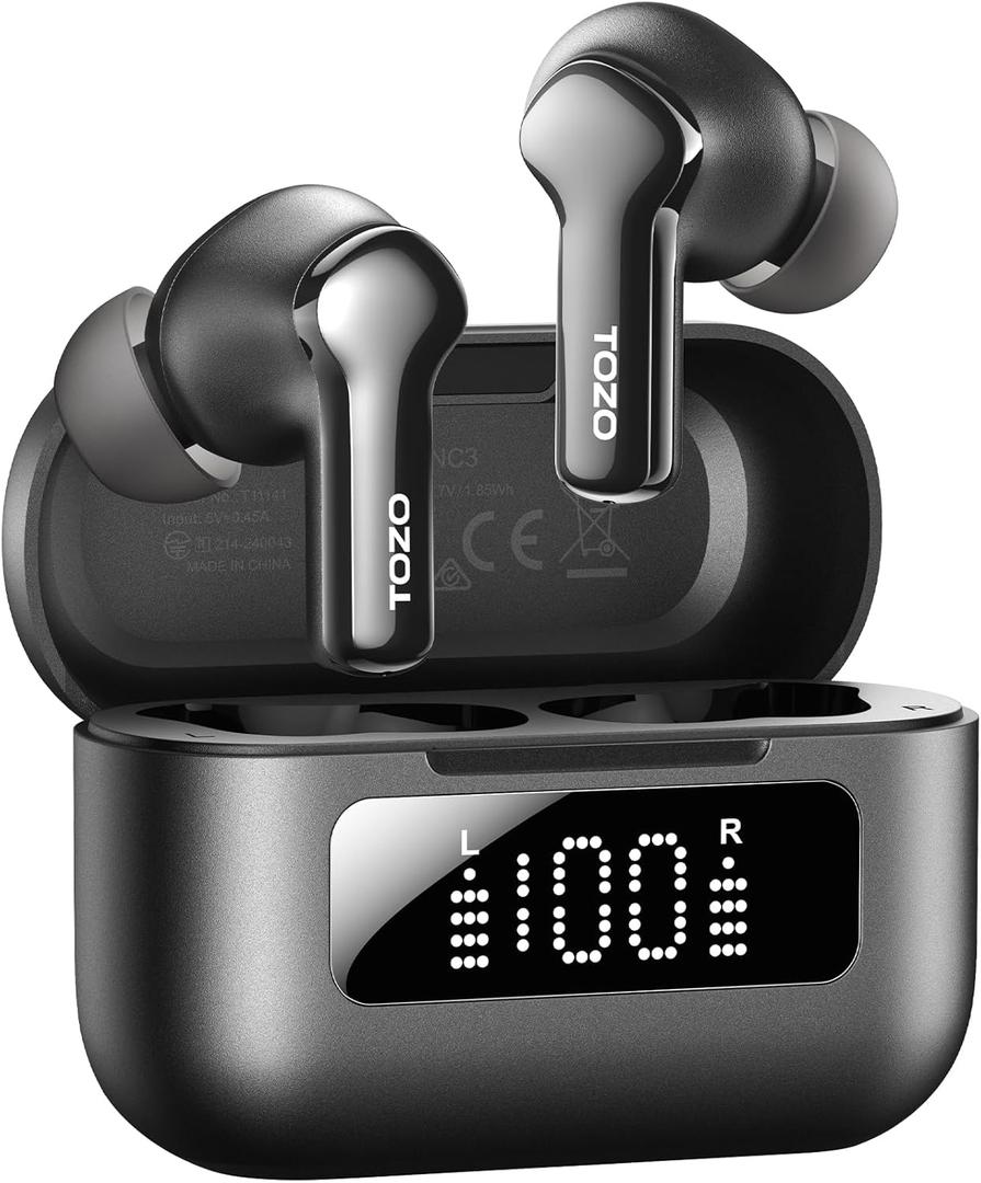 TOZO Hybrid Active Noise Cancelling Wireless Earbuds with 6 Mics AI Clear Call Ear Buds 68H Playtime with LED Display 32 Preset EQs via APP Bluetooth 5.3 IPX8 Waterproof in Ear Headphones