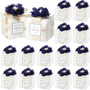 Wenqik 20 Pack Clear Wedding Favor Boxes with Navy Blue Pearl Flowers, Ribbon and Thank You Stickers, Elegant Plastic Candy Gift Boxes for Bridal Shower, Baby Shower, Birthday Wedding Supplies