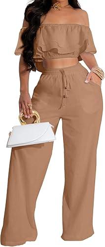 Elegant Two Piece Clothing Sets for Women Sexy Crop Top Long Wide Leg Pants Swimwear Bikini Coverups Vacation Beach, Size -S, Brown