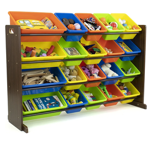 Humble Crew Extra-Large Toy Organizer with 20 Plastic Bins – Dark Walnut/Neon Storage Rack with 4-Tier Shelves, Anti-Tip Safety, for Kids’ Rooms, Playrooms, Nurseries & Classrooms