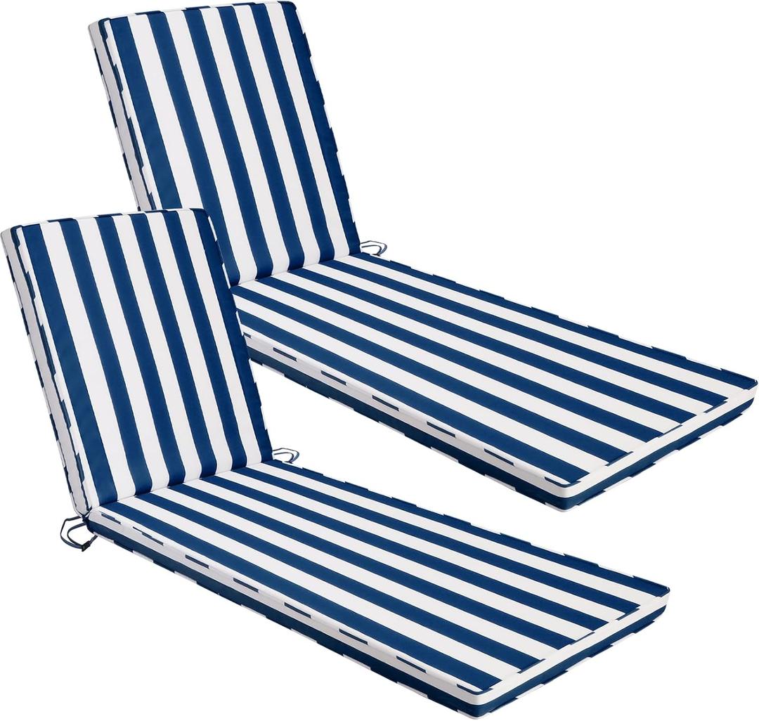 Chaise Lounge Cushions Outdoor Set of 2, 72"x22"x3" Patio Lounge Chair Furniture Cushions with Washable Covers for Pool, Patio, Lawn (Blue+White Stripes, 2 Pcs), 71"x22"x3"