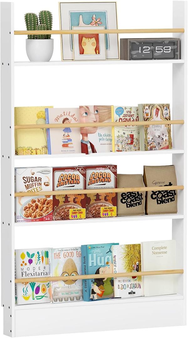 Behind the Door Book Shelf 4 Tier Narrow Kids Bookshelf Wall Mounted, 27.6"W x 47.2"H x 3.9"D