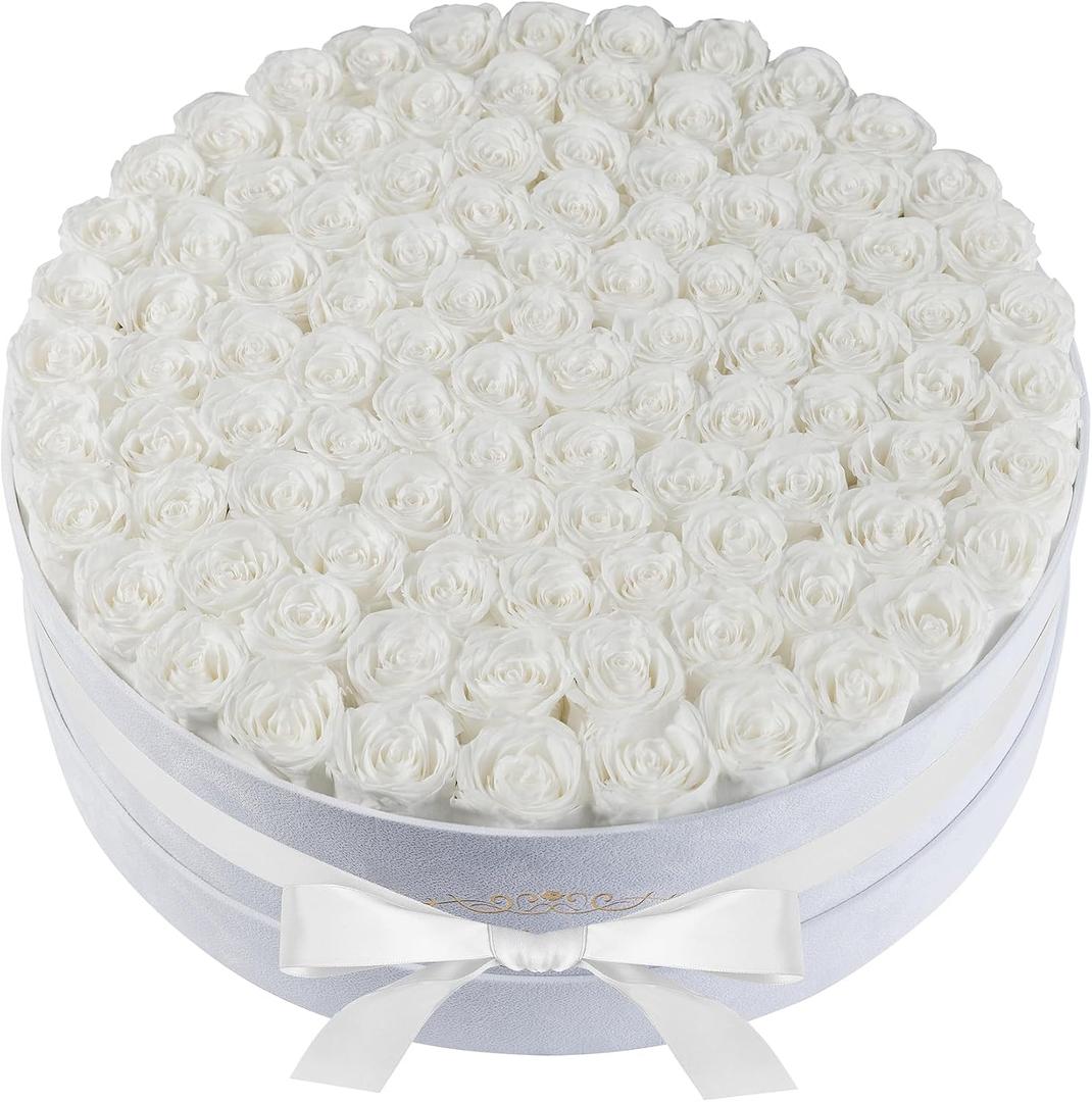 Luxury Preserved Roses Gifts for Women, 100 Roses in Velvet Box, Flowers for Delivery, Presereved Flowers Birthday Gifts for Mom and Wife (White)