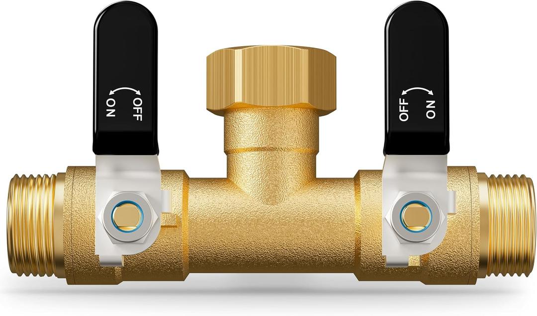 Hose Splitter 2 Way, Heavy Duty Brass Garden Hose Splitter, Water Hose Bib Spigot Splitter with 0.59" Full Flow Ball Valve Outlet & Shut-Off Valve 3/4'' Connector Outdoor Water Faucet Adapter