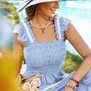 Kate Kasin Womens 2025 Summer Casual Dress Sleeveless Square Neck Smocked Ruffle Boho Flowy Maxi Beach Sundress(Blue, XL)