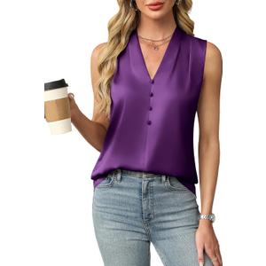 Blooming Jelly Women's Dressy Tank Tops Summer Sleeveless Work Blouses Silk Satin V Neck Shirts Business Casual Outfits S