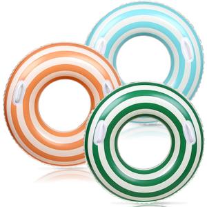 Whaline 3Pcs Pool Tube with Handles Retro Orange Green Blue Striped Swim Pool Rings Inflatable Float Loungers Tube for Summer Swimming Pool Beach Bachelorette Party, 30 x 14 Inch