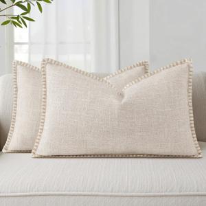 decorUhome Summer Decorative Throw Pillow Covers 12x20 Set of 2 Lumbar Faux Linen Outdoor Neutral Farmhouse Pillow Covers with Stitched Edge for Couch Sofa Living Room, Beige