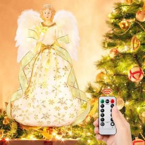 Christmas Tree Topper, 15" Angel Treetop with Lights and Remote Control Timer, Christmas Tree Decoration for Holiday Ornament and Home Decor, Gold