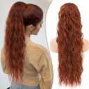 Ponytail Extension 26 Inch Drawstring Ponytail for Women Ginger Curly Wavy Pony Tail Hair Extensions Long Synthetic Hairpiece for Daily Use, Dark Copper Red