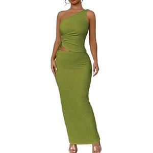 Narecte Womens Two Piece Skirt Set One Shoulder Cutout Backless Top and Maxi Skirt Bodycon 2 Piece Outfit Summer Sets Green M