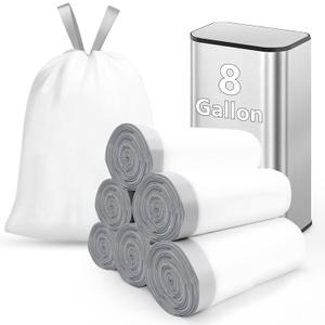 270 Count Heavy-Duty Trash Bags, Compatible with SONGMICS 8-Gallon (30L) Trash Can, Pre-Separated Drawstring Kitchen Garbage Bags, Ideal for Home & Office, 19.9 x 29.1 Inches, 6 Rolls, White