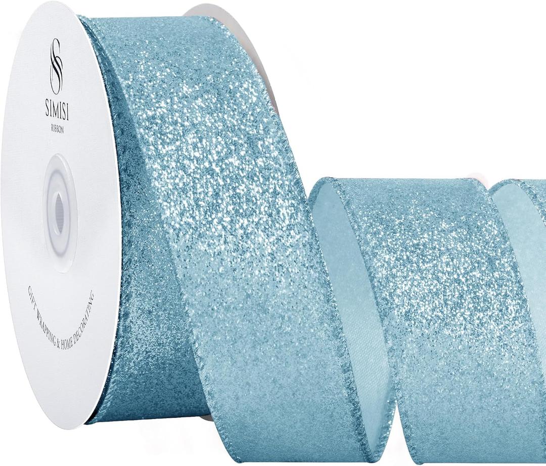 SIMISI RIBBON Dusty Blue Glitter Velvet Ribbon Wired for Christmas Tree Decorations, Outdoor Decor, Garland and Wreath Ornaments (1.5 Inch, 20 Yards)
