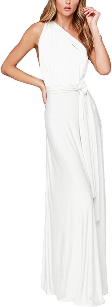 Women Transformer Hi Low Evening Long Prom Dress Halter Convertible Multi Way Spaghetti Strap Wedding Cocktail Maxi Gown (White, S)