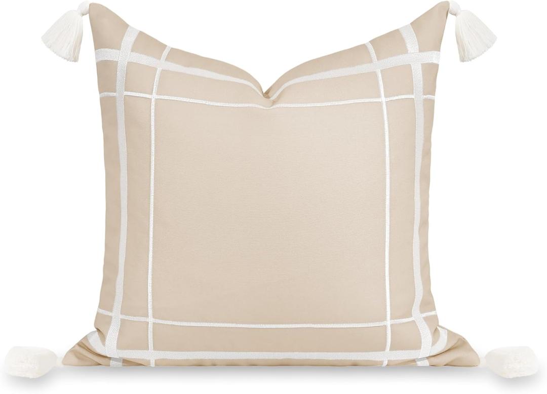 Hofdeco Premium Coastal Patio Indoor Outdoor Throw Pillow Cover Only, 20"x20" Water Repellent for Backyard, Couch, Neutral Tan Embroidered Line Frame