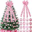 17 Pcs Pink Christmas Tree Decorations Set Large Velvet Wreath Bow 16 Christmas Ball Ornaments Holiday Tree Topper Bows Stripe Dot Hanging Ball for Party Staircase Fireplace
