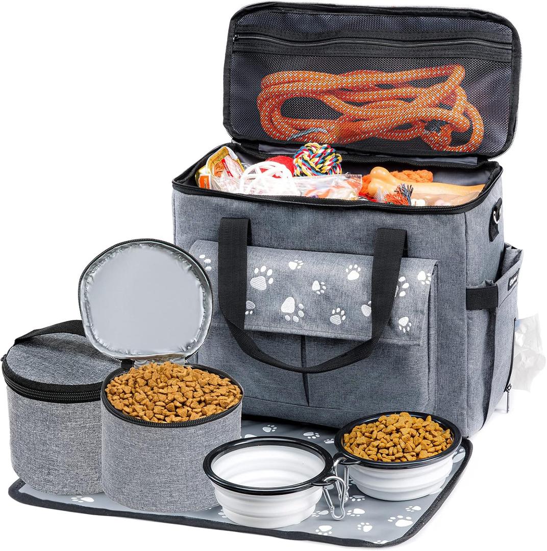 Large Dog Travel Bag, Airline Approved Dogs Bags for Traveling, 2 Dog 's Food Travel Container and Collapsible Bowls, Weekend Pet Travel Bags (Grey)