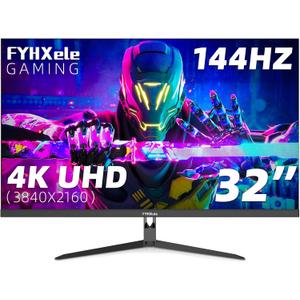 FYHXele 32 inch 4K Gaming Monitor, UHD Fast IPS Panel 144Hz Monitor, Computer Monitor Support FreeSync, HDR400, 1ms, 100% sRGB, with DP, Type-C, HDMI2.0/2.1, USB Hub, Support Wall-Black