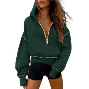 PRETTYGARDEN Women's 2026 Fall Hooded Sweatshirts Long Sleeve Half Zip Cropped Hoodies Pullover Winter Fashion Clothes (Medium, Dark Green)
