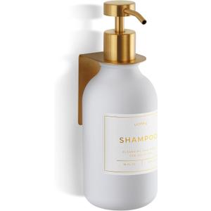 Shower Shampoo Dispenser Wall Mounted Refillable 16.9 oz White Bottle with Stainless Steel Pump & No-Drill Adhesive Holder Soap Dispenser for Bathroom (1 X White/Gold)