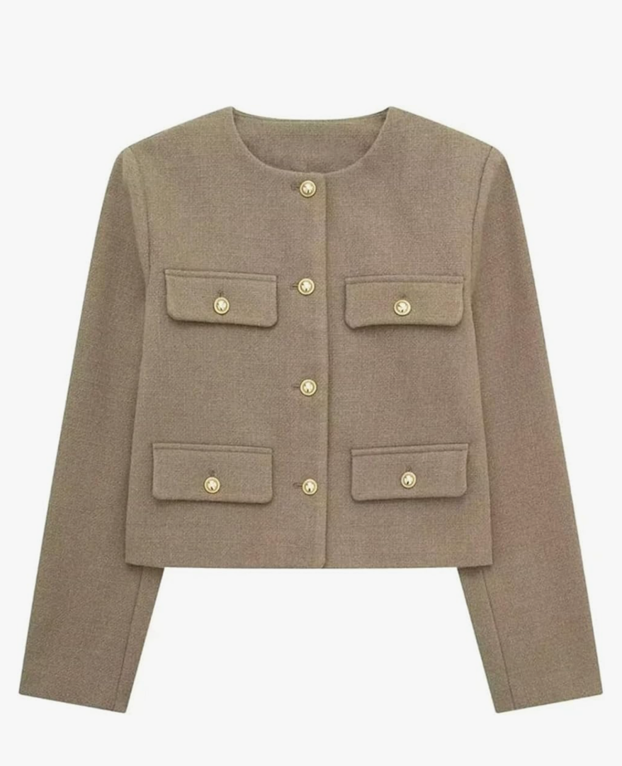 Women's Gold Button Jacket O Neck Long Sleeve Jacket Casual Office Solid Color Chic Top, Size XL, Light Brown
