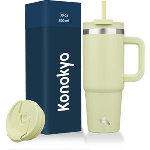 Konokyo 30 oz Tumbler with Handle and 2 Straws,2 in 1 Lid Insulated Water Bottle Stainless Steel Travel Coffee Mug,Macaron Green